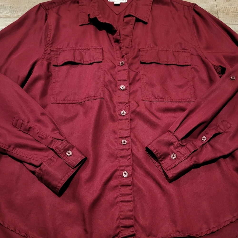 Tommy Hilfiger Button Up Shirt Roll Tab Utility Crimson Red Relaxed Womens Large - Picture 2 of 9